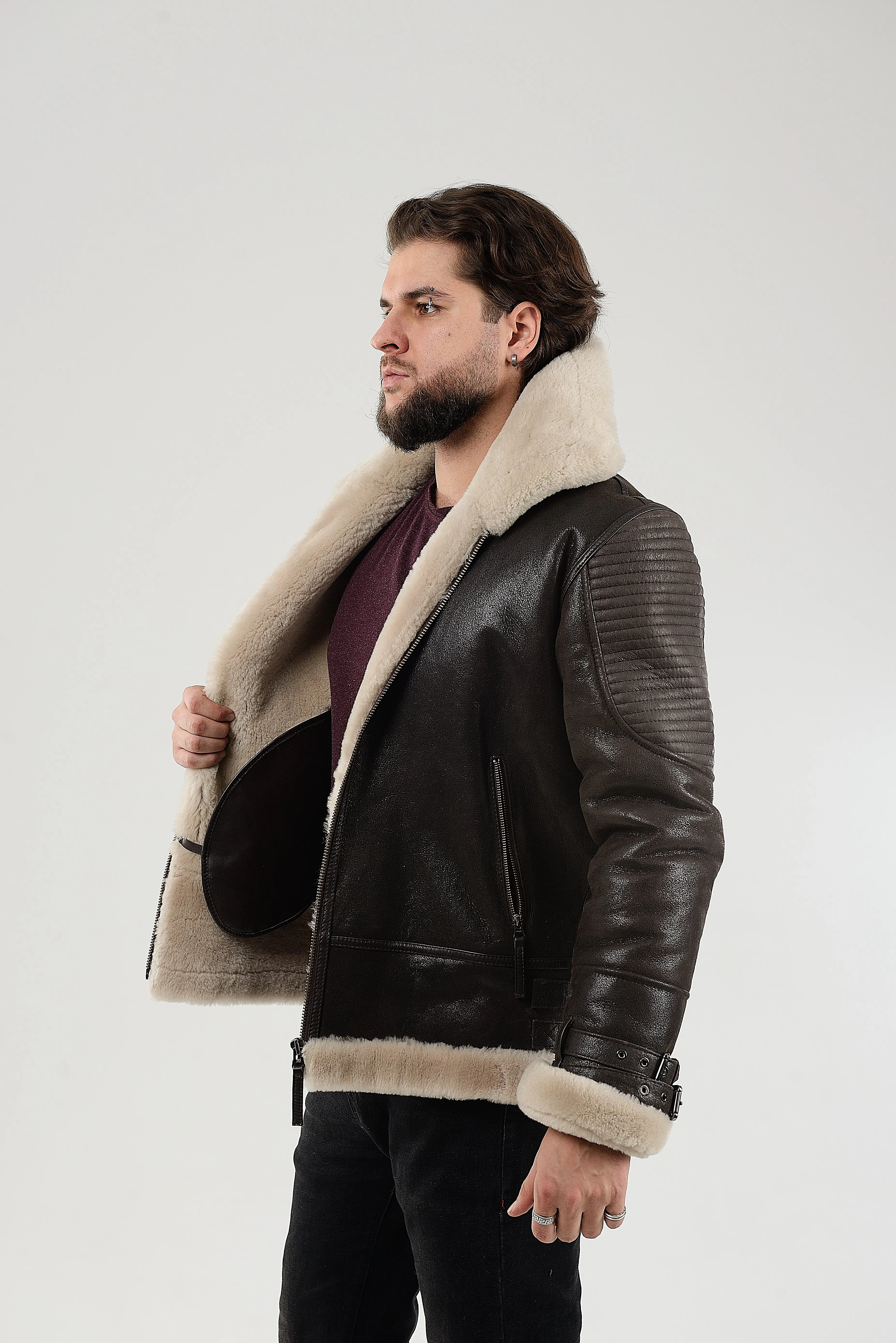 Real Winter Leather Mens Shearling Heiko Jacket with Fur Collar