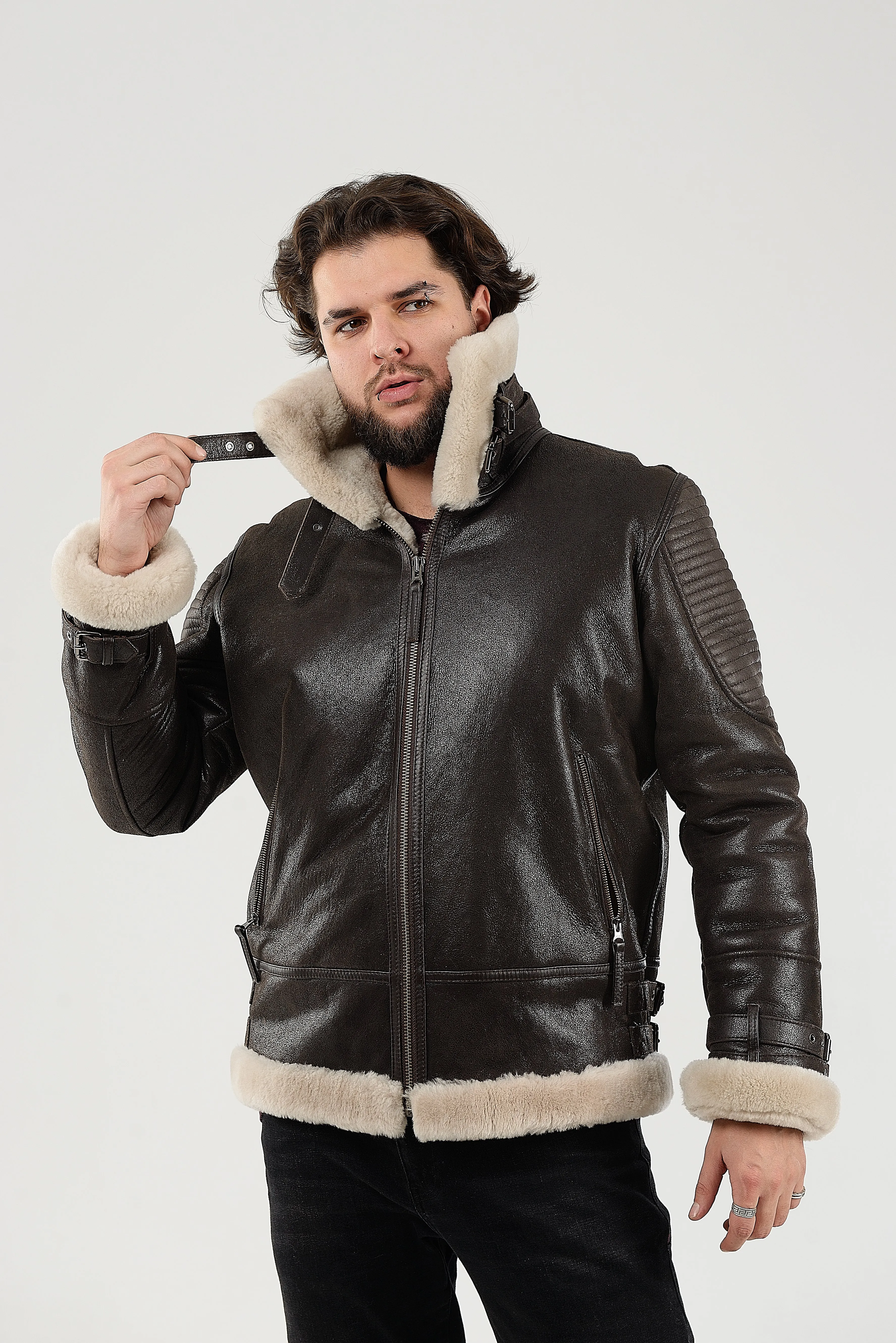 Real Winter Leather Mens Shearling Heiko Jacket with Fur Collar