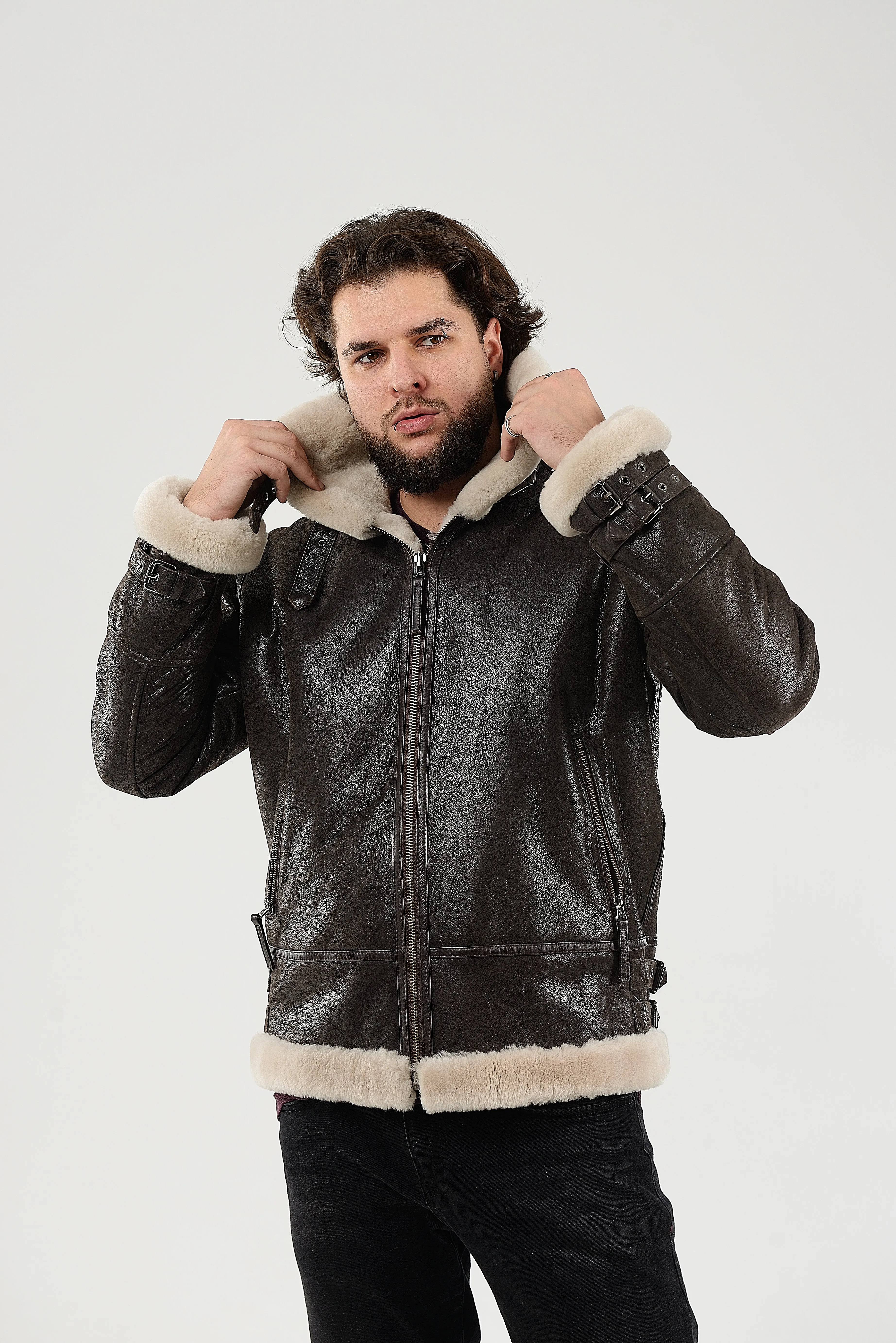 Real Winter Leather Mens Shearling Heiko Jacket with Fur Collar