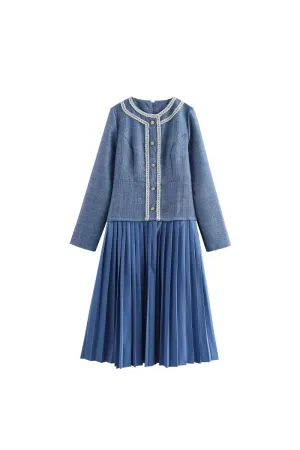 'Savannah' Pleated Round-Neck Long-Sleeve Woolen Dress