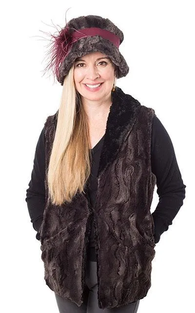 Shawl Collar Vest, Reversible less pockets - Luxury Faux Fur in Espresso Bean with Cuddly Fur in Black