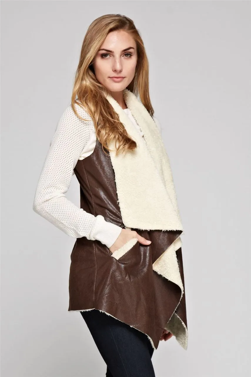 Shearling Faux Fur Vest with Suede and Pockets Brown