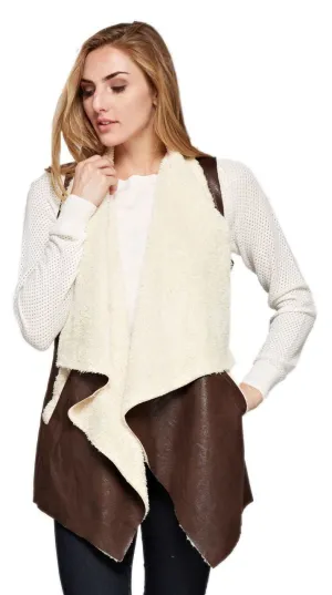 Shearling Faux Fur Vest with Suede and Pockets Brown