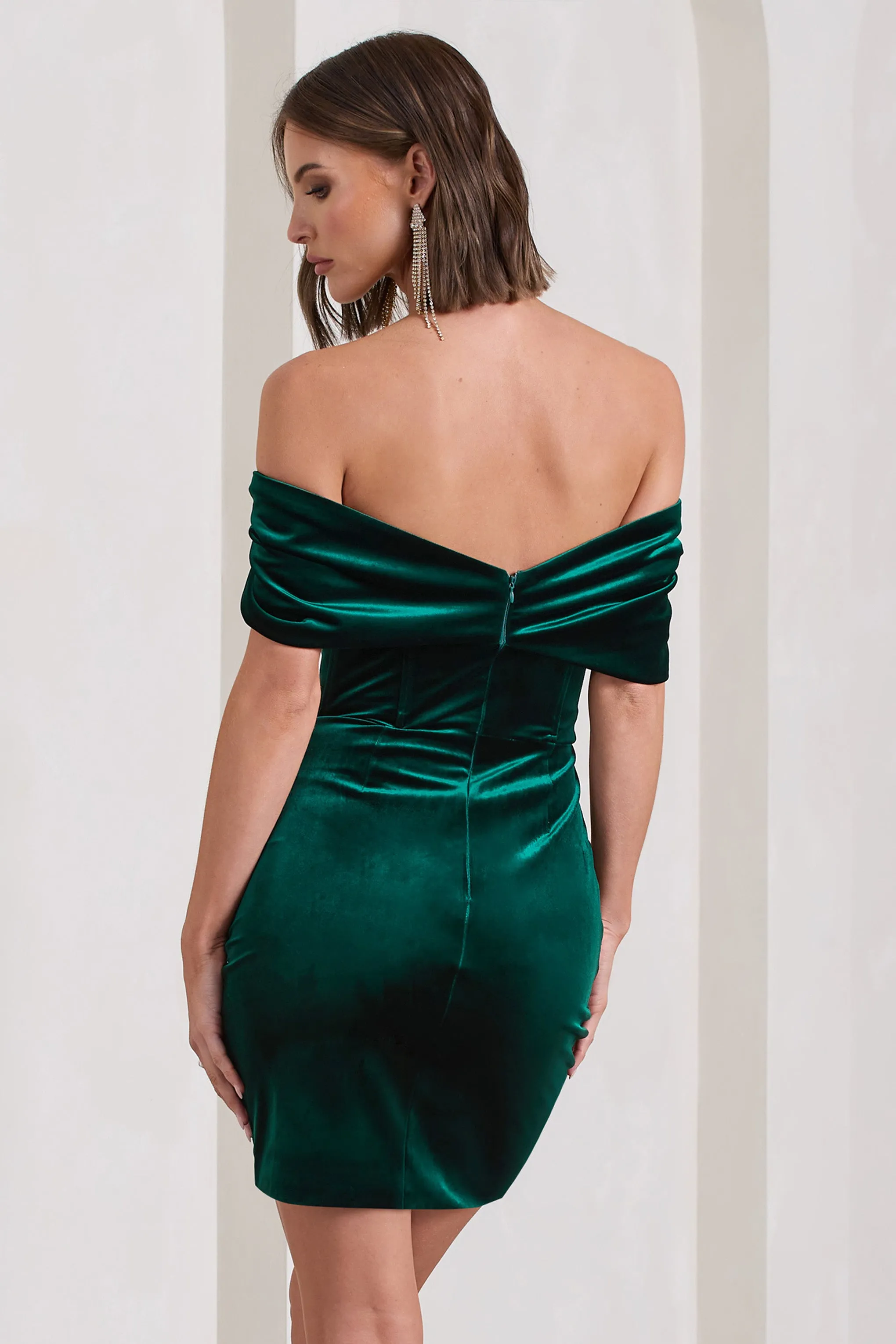 Snowdrop | Bottle Green Velvet Bardot Wrap Mini Dress