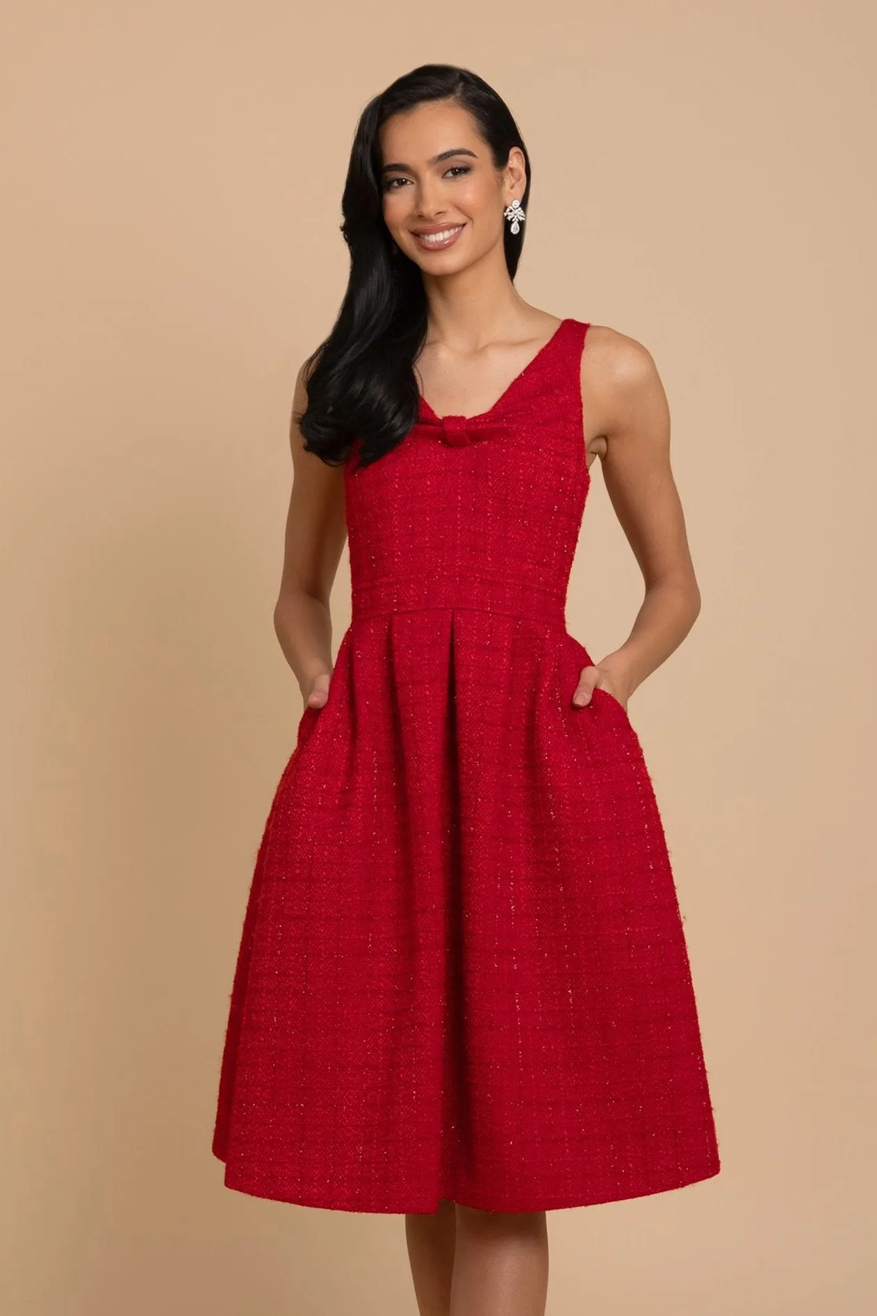 'Splendour' Wool Tweed Midi Dress in Rosso