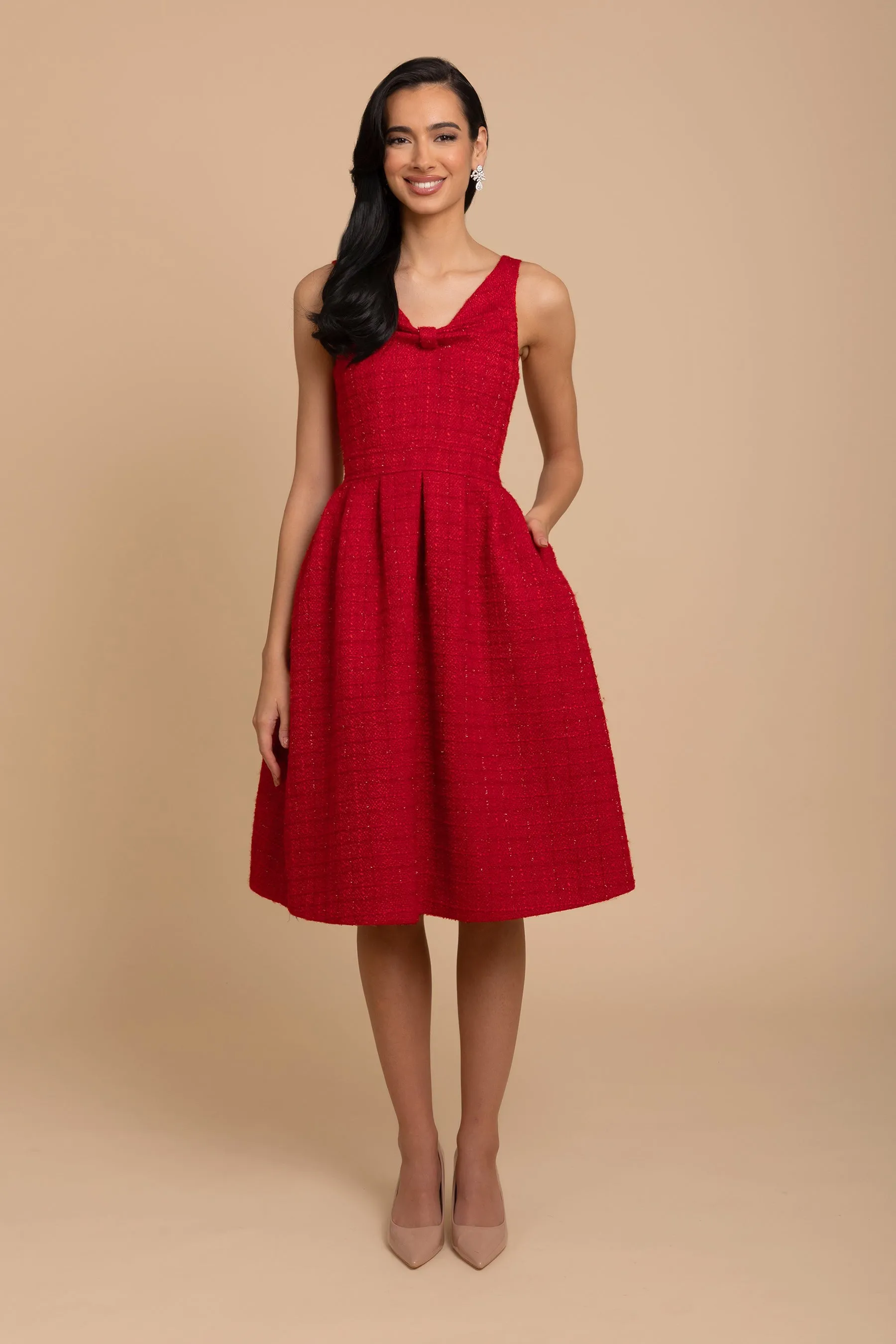 'Splendour' Wool Tweed Midi Dress in Rosso