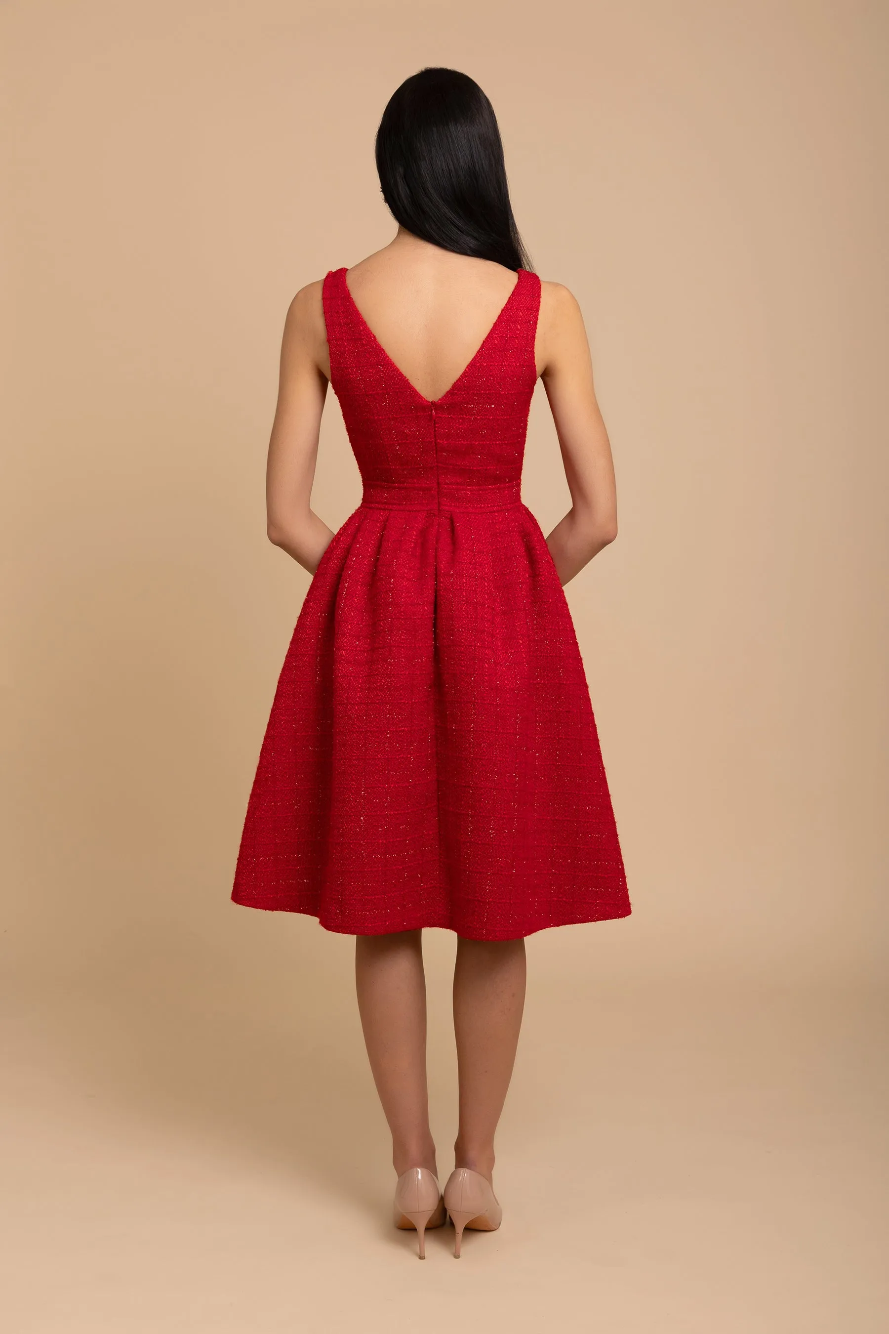 'Splendour' Wool Tweed Midi Dress in Rosso