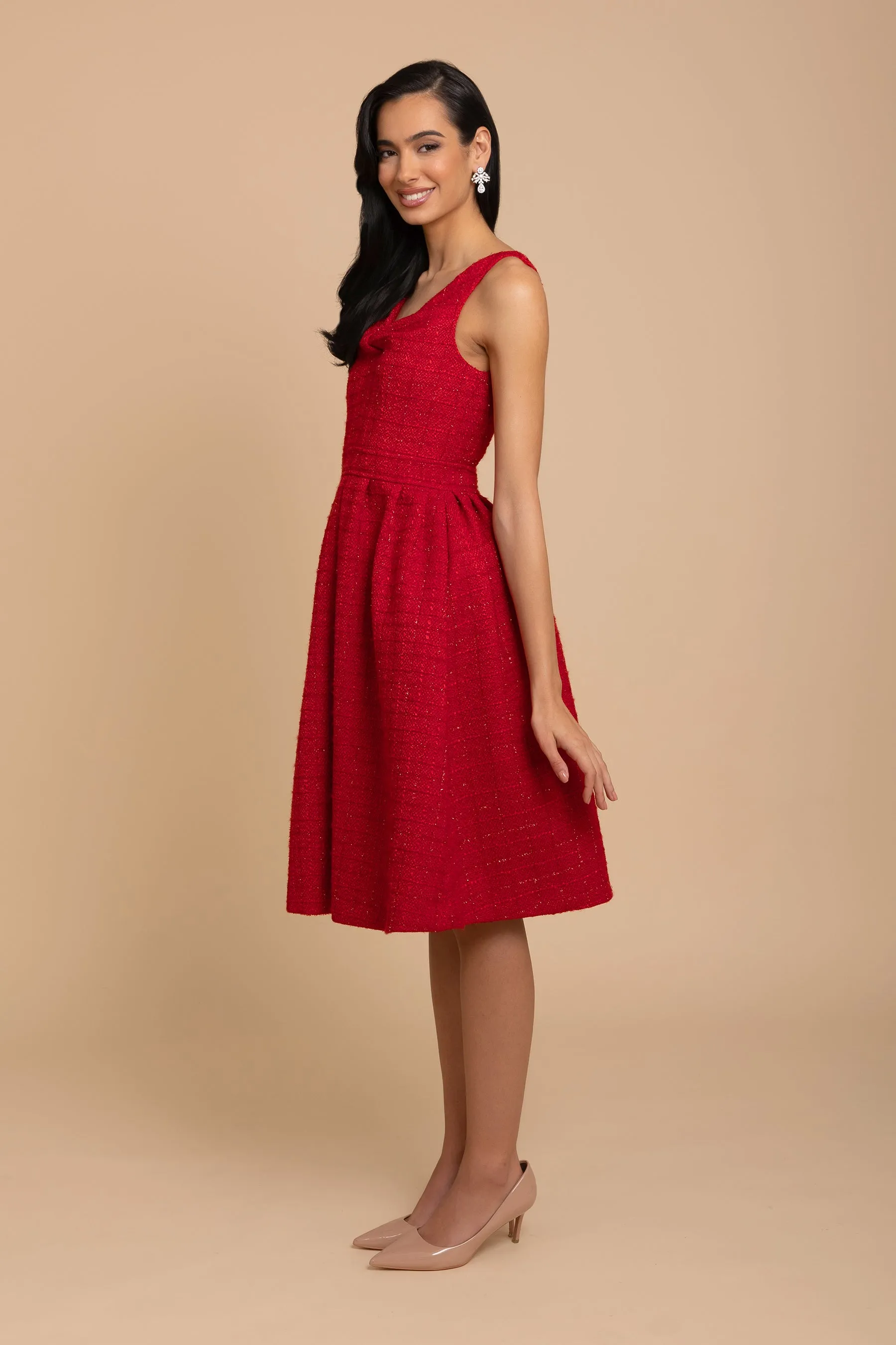 'Splendour' Wool Tweed Midi Dress in Rosso