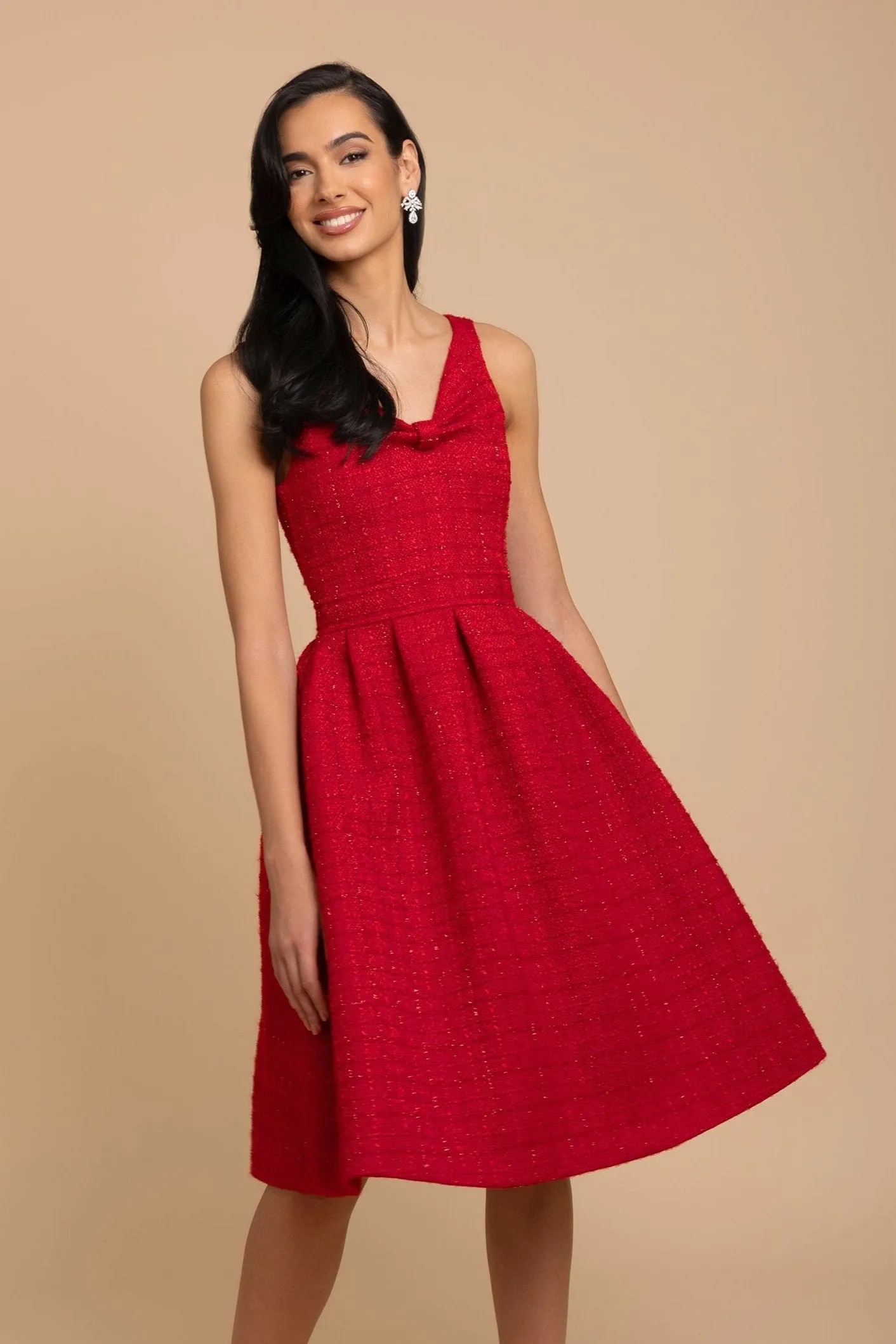 'Splendour' Wool Tweed Midi Dress in Rosso