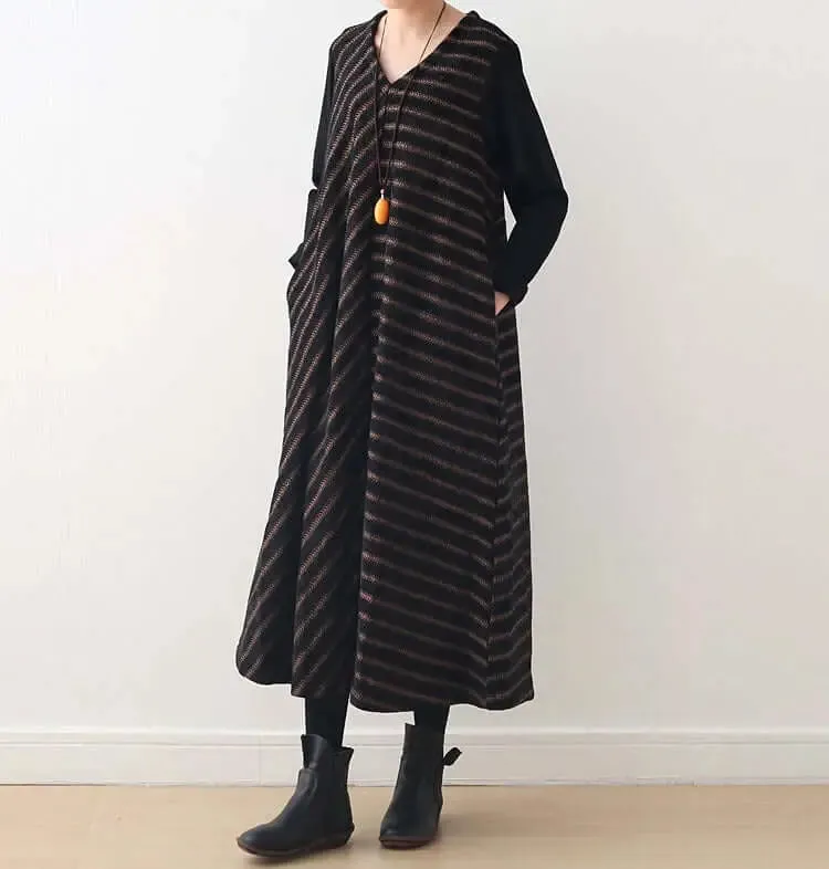 striped dress Wool V-Neck Dress with Chic Stripes for Women