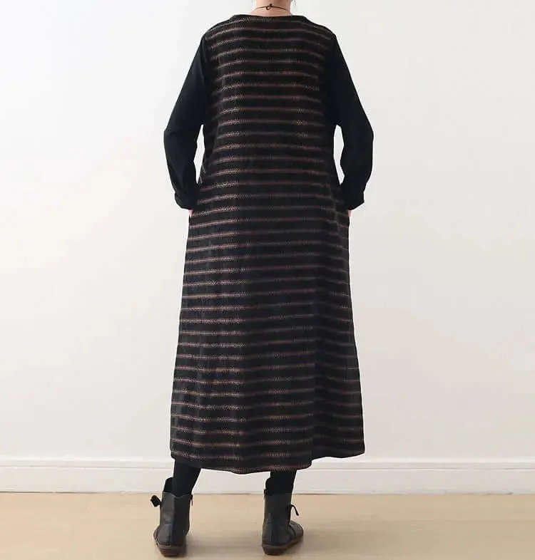 striped dress Wool V-Neck Dress with Chic Stripes for Women