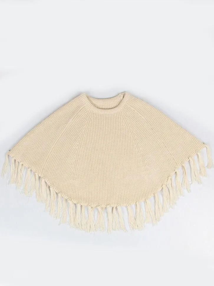 Stylish Winter Tassels Knitted Poncho Cape Apricot/Grey