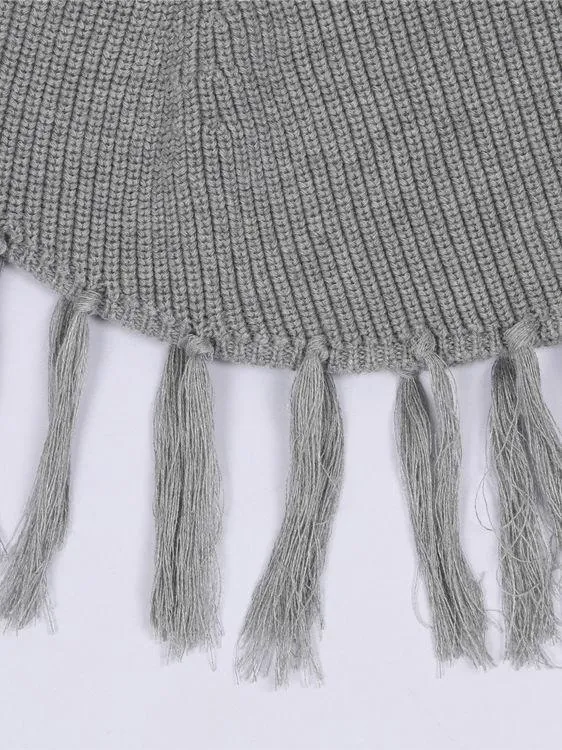 Stylish Winter Tassels Knitted Poncho Cape Apricot/Grey