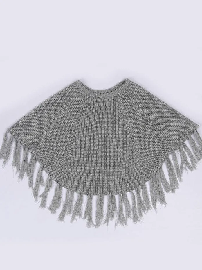 Stylish Winter Tassels Knitted Poncho Cape Apricot/Grey