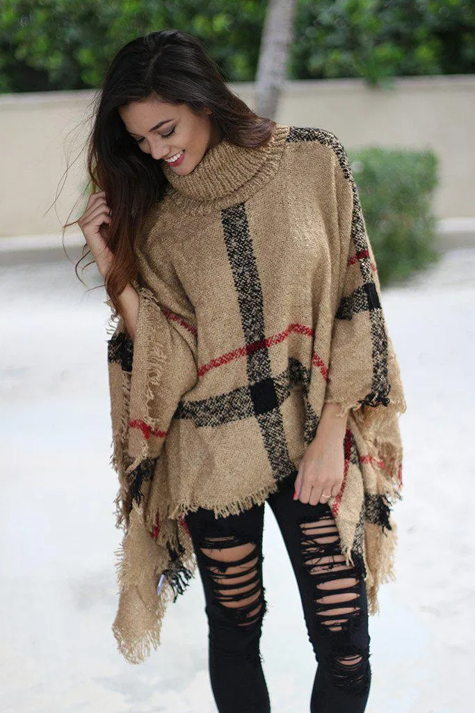 Taupe Plaid Poncho