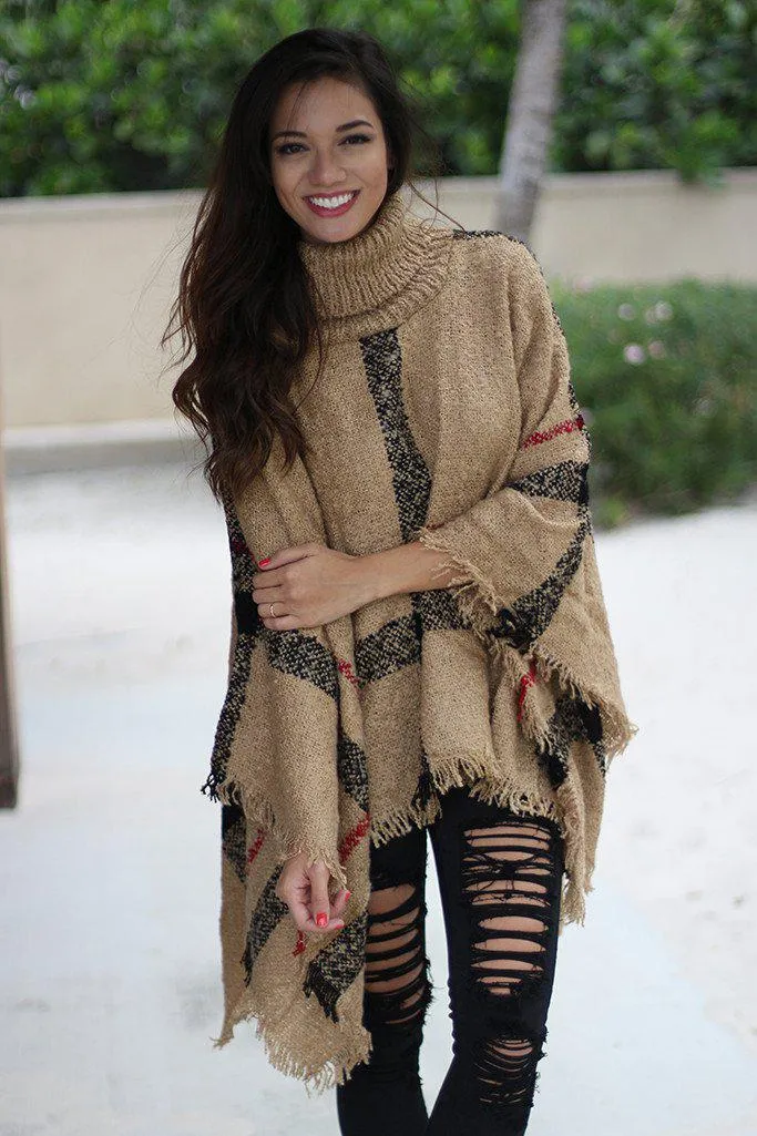 Taupe Plaid Poncho