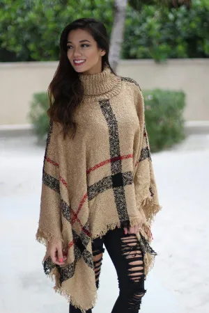 Taupe Plaid Poncho