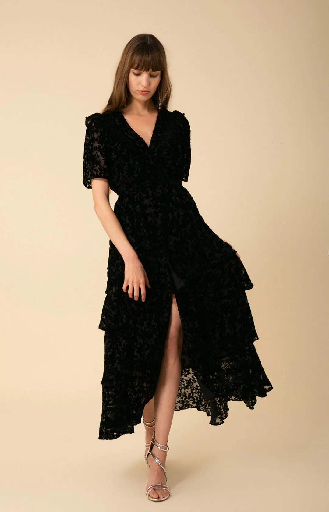 Valentine Solid Velvet Burnout Tiered Dress