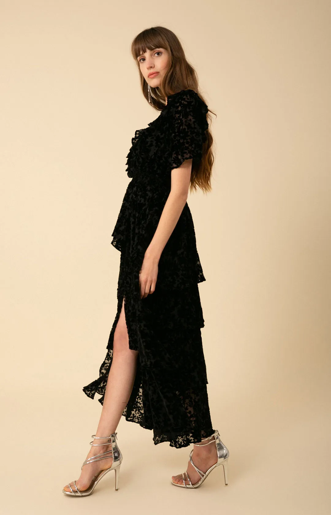 Valentine Solid Velvet Burnout Tiered Dress