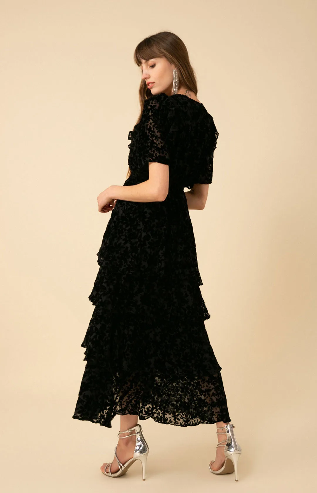 Valentine Solid Velvet Burnout Tiered Dress