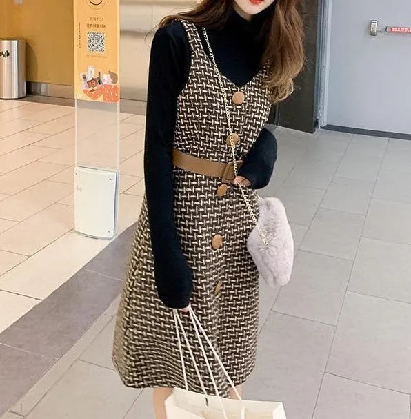 Wenkouban outfit inspo Korean Style Dress Set Women Autumn Winter Solid Base Sweater and Sleeveless Knee-Length Plaid Tweed Dresses