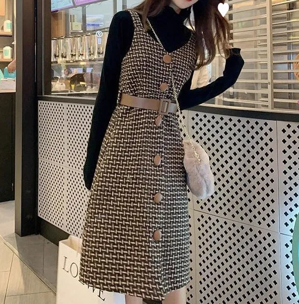 Wenkouban outfit inspo Korean Style Dress Set Women Autumn Winter Solid Base Sweater and Sleeveless Knee-Length Plaid Tweed Dresses