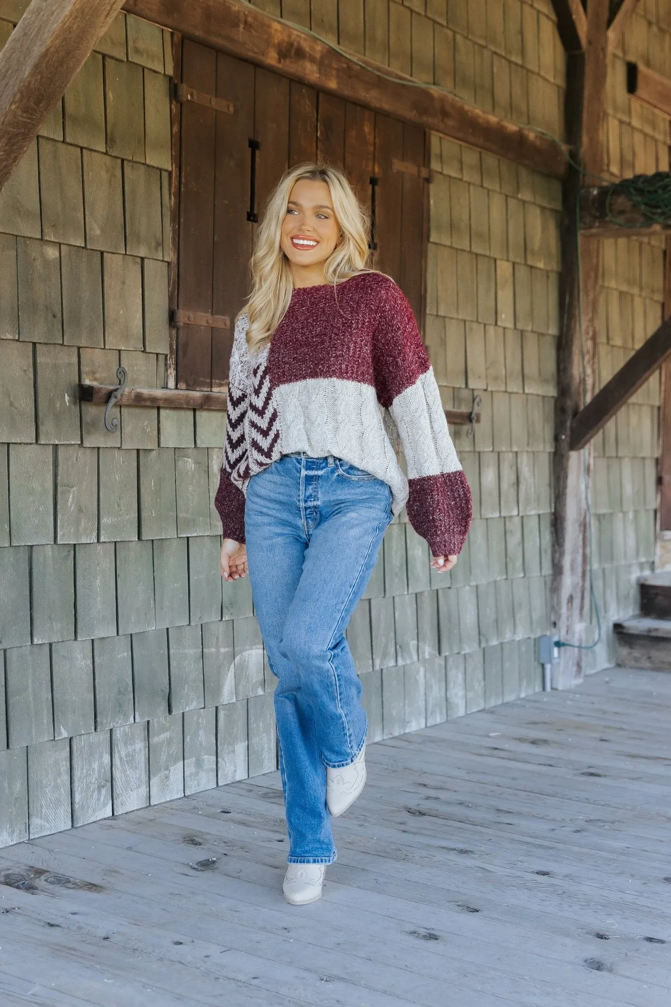 Wine Multi Color Block Cable Knit Sweater