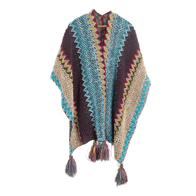 Winter Knitted Open Poncho Colourful with Tassel