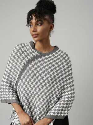 Women Geometric Grey Longline Poncho