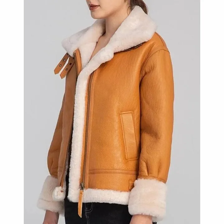 Women Vintage RAF Aviator Flight Shearling Sheepskin Leather Jacket