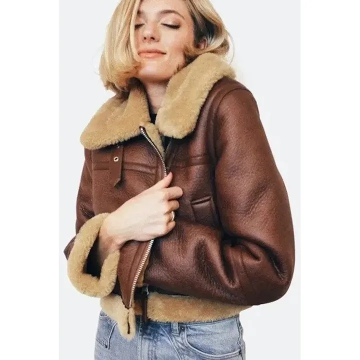 Women's B3 RAF Aviator Flight Jacket Shearling Bomber Fur Coat