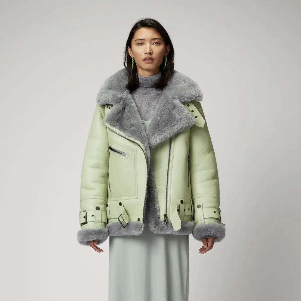 Women's Green RAF Aviator Styled Sheepskin Shearling Leather Jacket