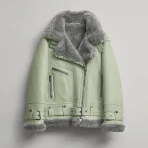 Women's Green RAF Aviator Styled Sheepskin Shearling Leather Jacket