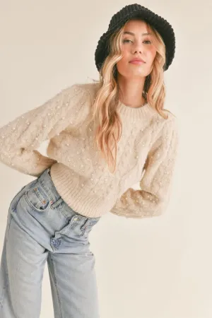 Women's Pearl Cable Knit Wool Blend Sweater | Cream