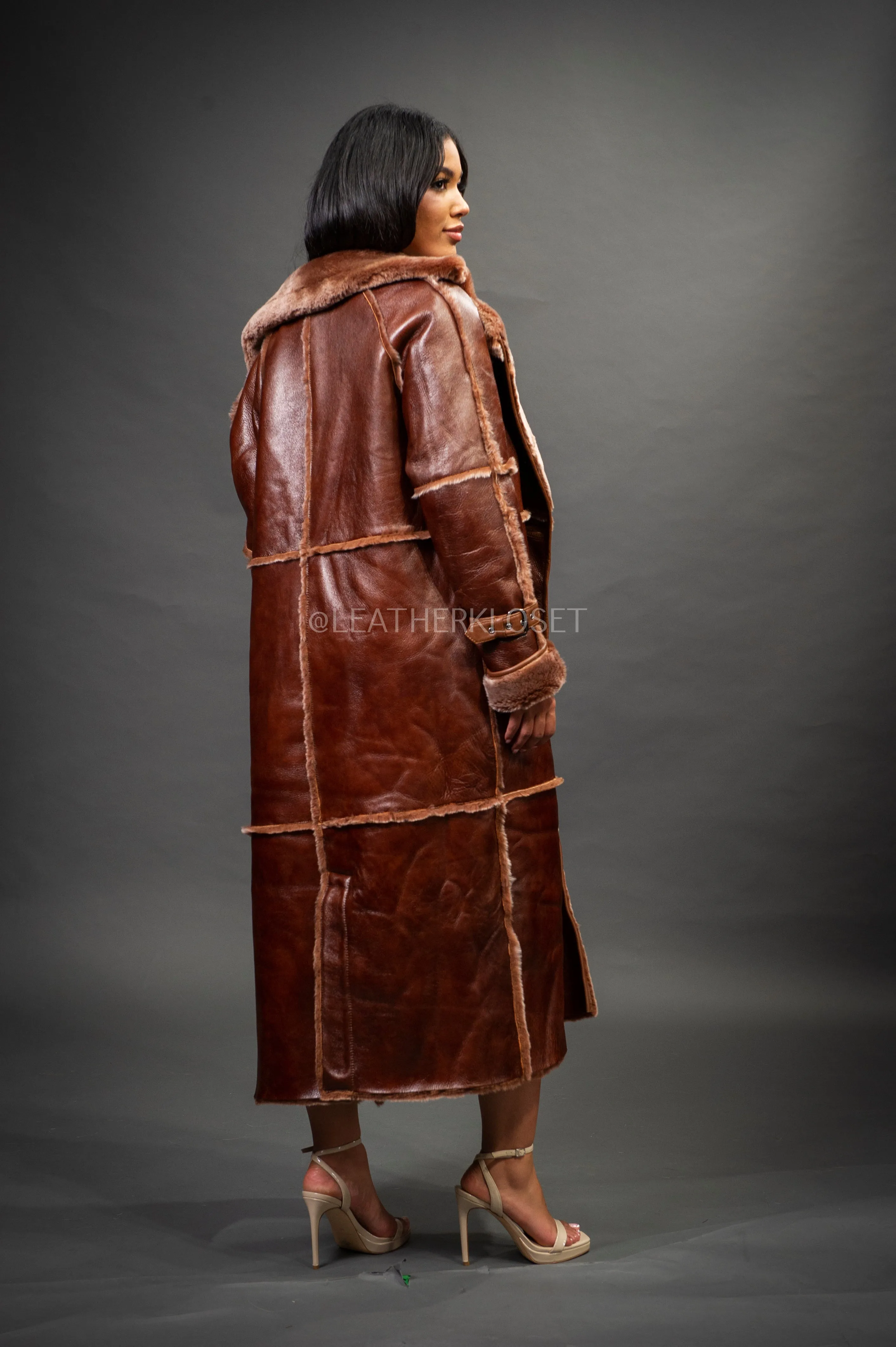 Women's Trinity Full Length Real Sheepskin Trench Coat [Cognac]