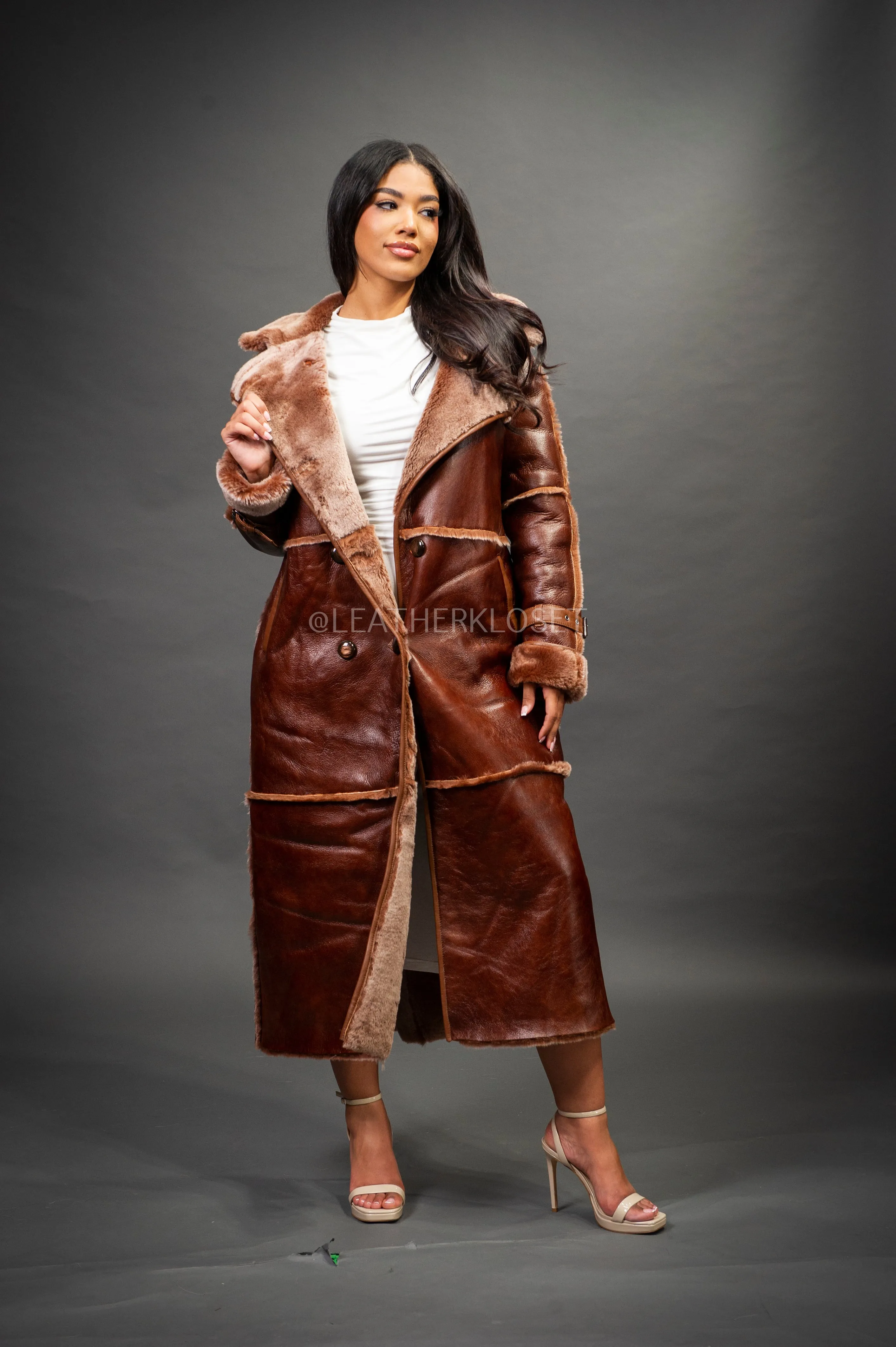 Women's Trinity Full Length Real Sheepskin Trench Coat [Cognac]