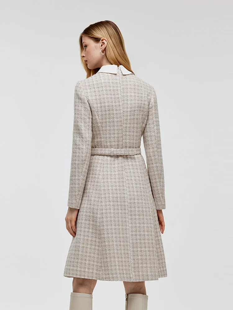 Wool Blend Tweed Patchwork Lapel Women Midi Dress With Belt