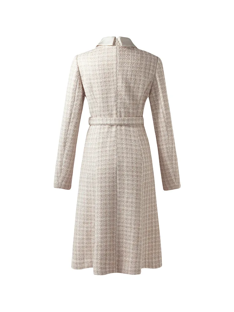 Wool Blend Tweed Patchwork Lapel Women Midi Dress With Belt