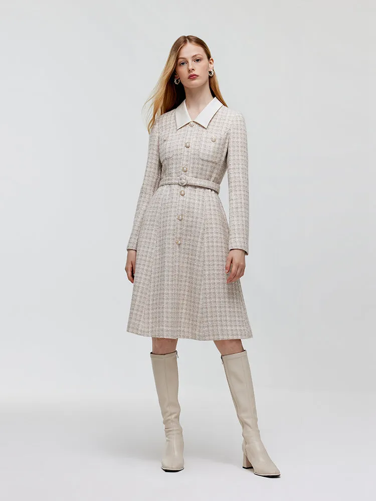 Wool Blend Tweed Patchwork Lapel Women Midi Dress With Belt