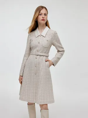 Wool Blend Tweed Patchwork Lapel Women Midi Dress With Belt