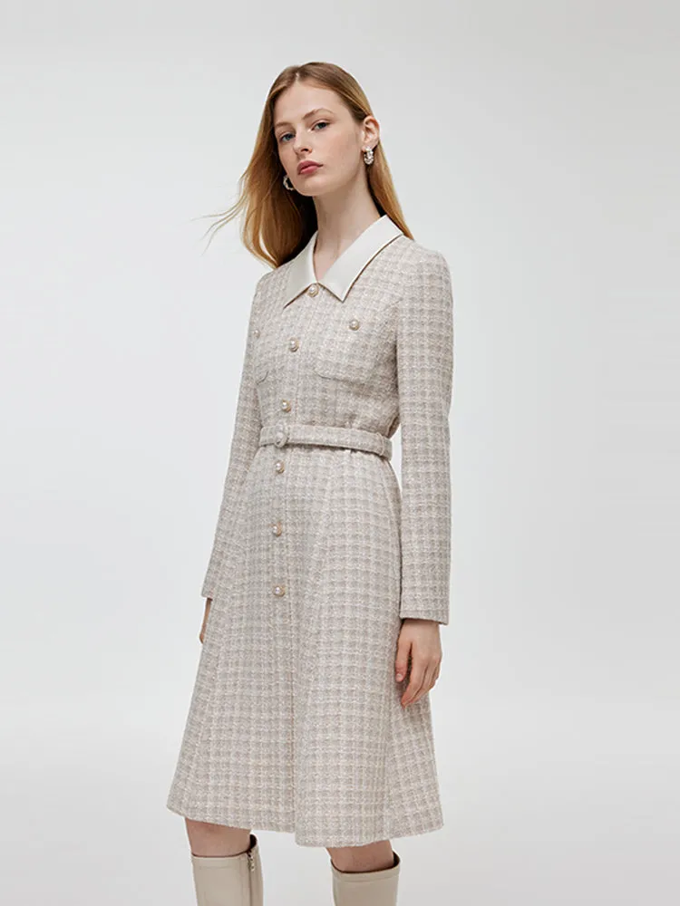 Wool Blend Tweed Patchwork Lapel Women Midi Dress With Belt