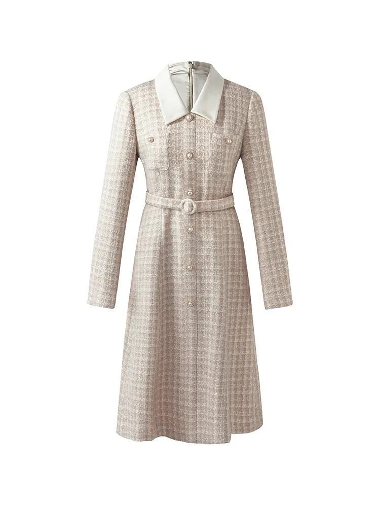 Wool Blend Tweed Patchwork Lapel Women Midi Dress With Belt