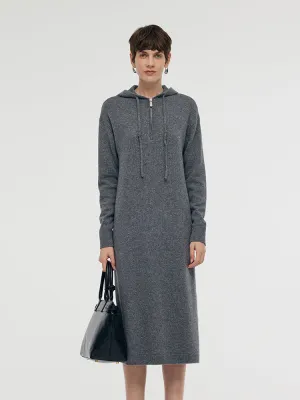 Wool Blend Women Hooded Midi Dress