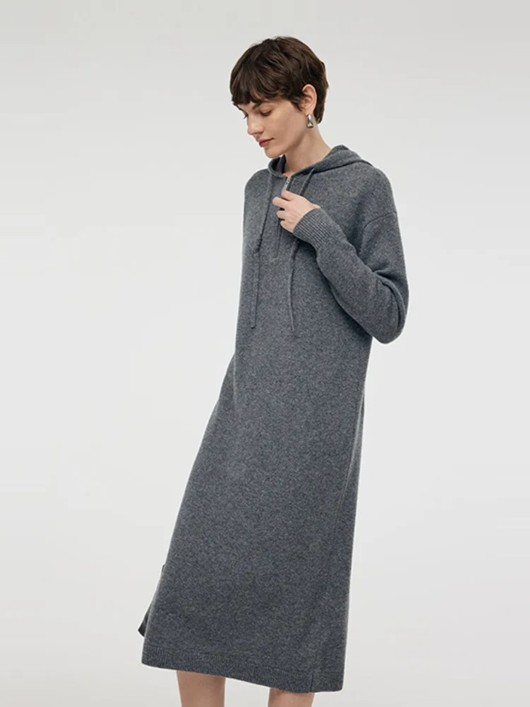 Wool Blend Women Hooded Midi Dress