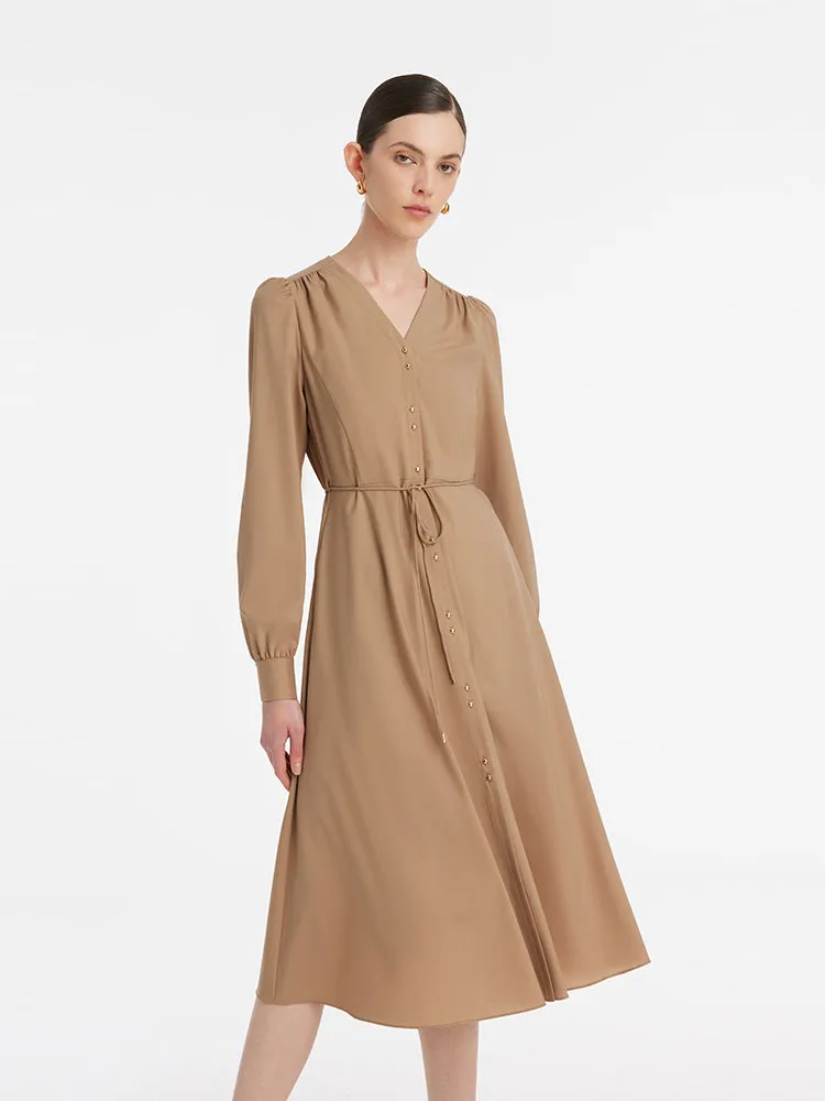 Wool-Silk Blend V-Neck Women Midi Dress