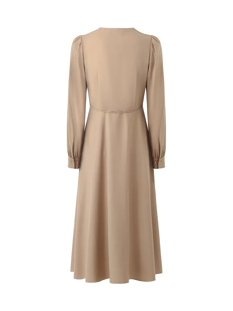 Wool-Silk Blend V-Neck Women Midi Dress