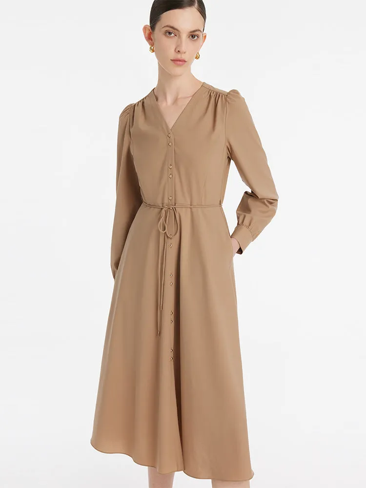 Wool-Silk Blend V-Neck Women Midi Dress