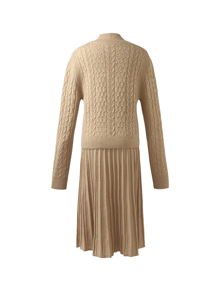 Wool V-Neck Women Sweater And Sleeveless Midi Dress Two-Piece Set