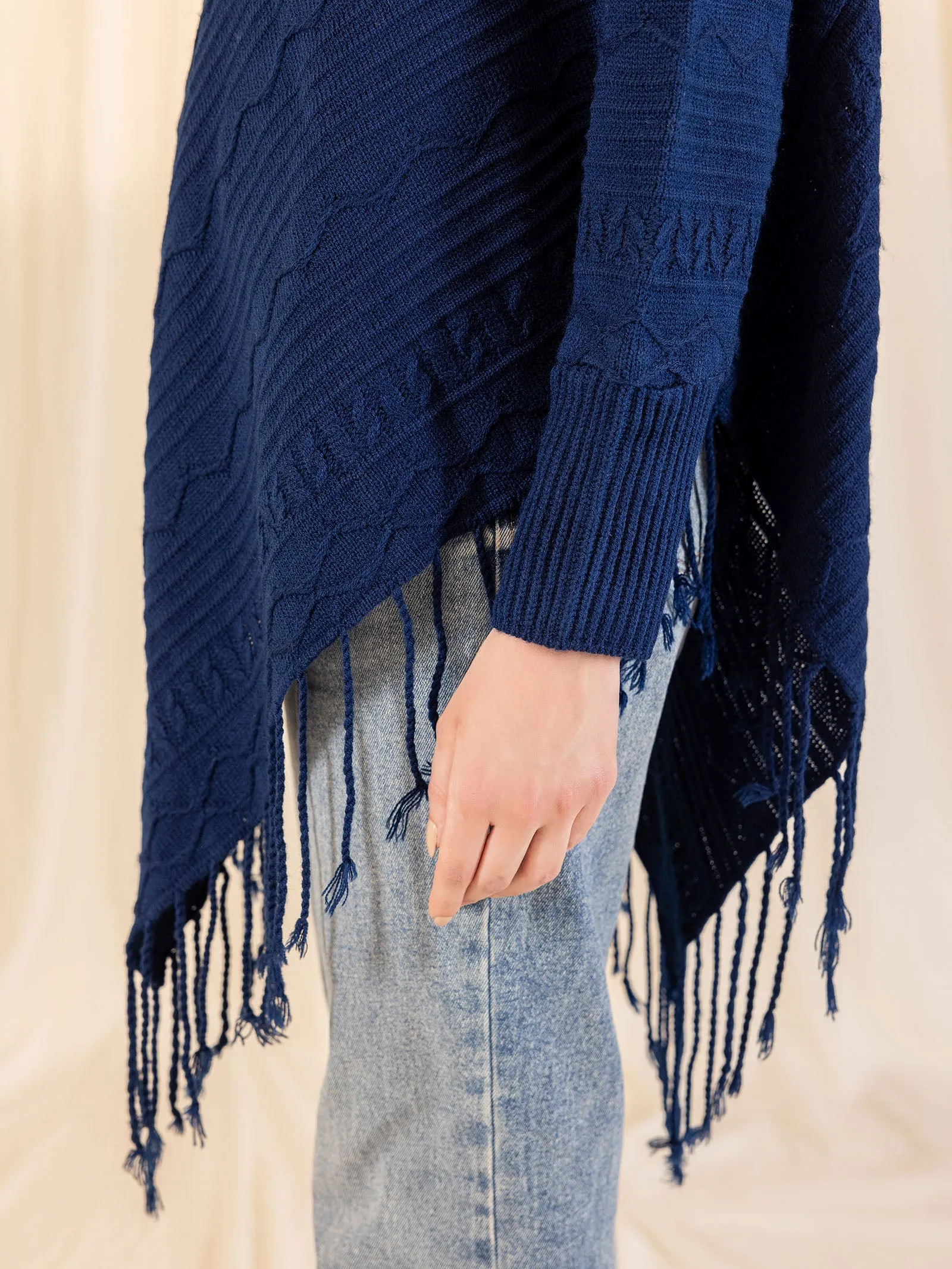 Woolen Cowl Neck Poncho - Ink Blue