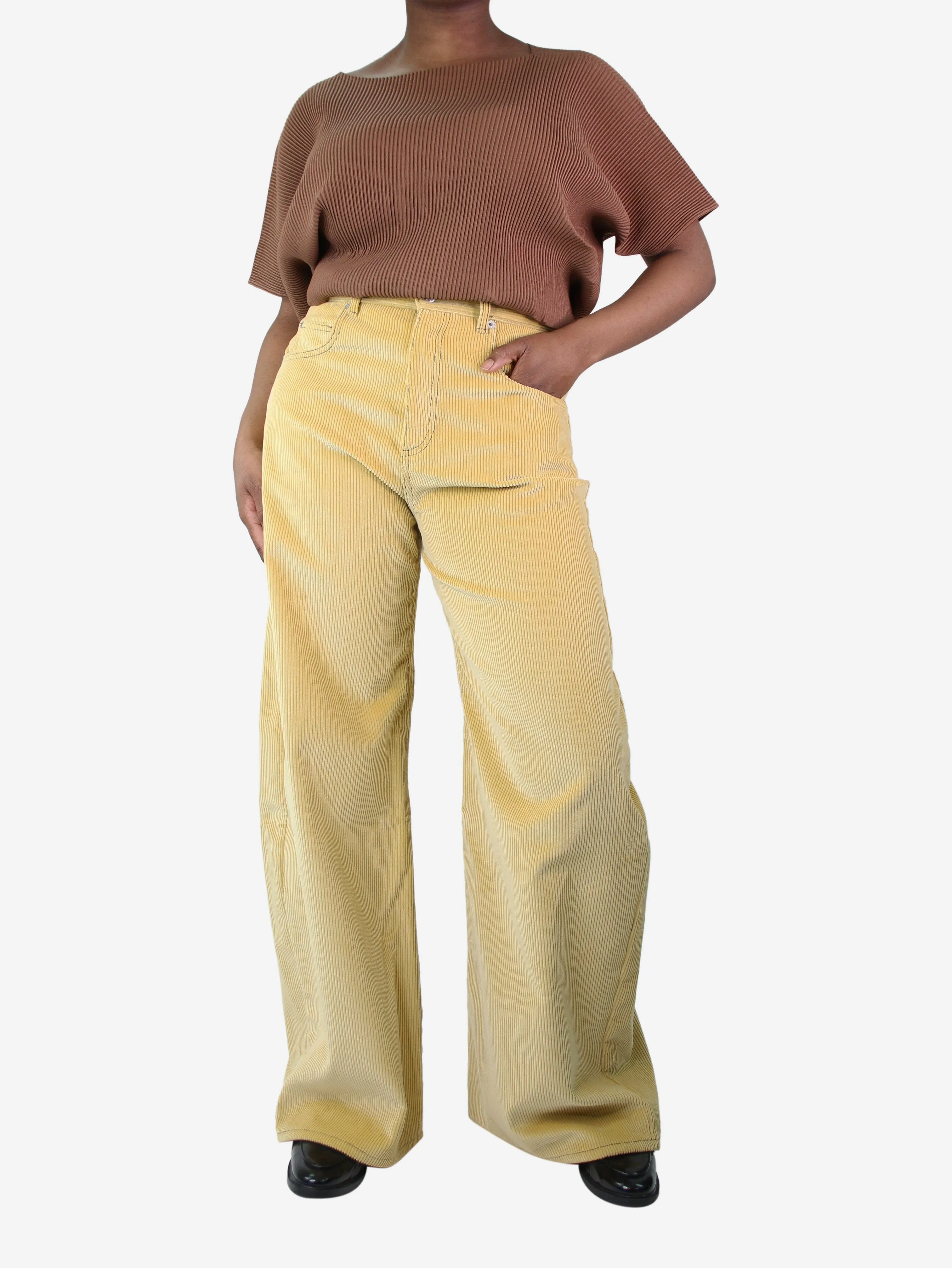 Yellow wide-leg corduroy trousers - size UK 10